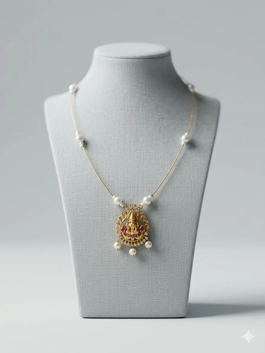 Lakshmi Temple Motif Pearl Pendant Chain